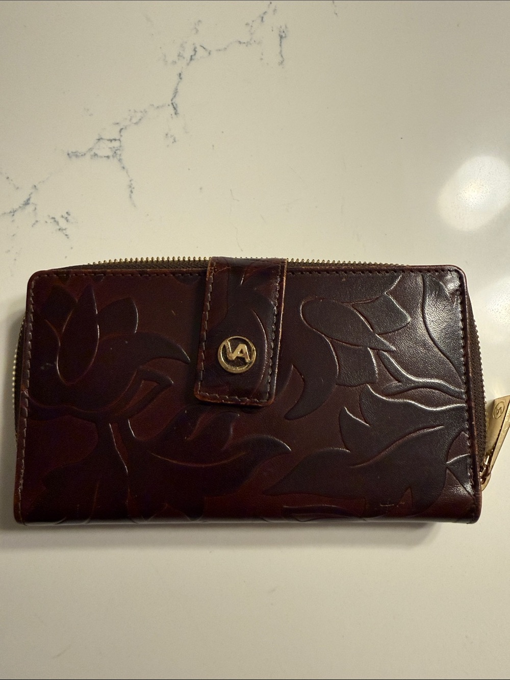 Valentina Dark Brown Floral Embossed Leather Wallet with Gold Accent